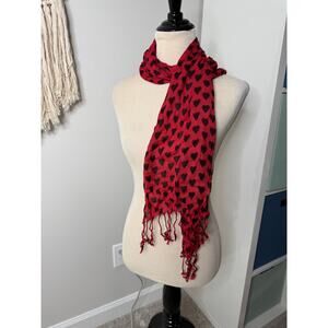 Women's Red Black Heart Print Pattern Fringe Holiday Scarf Twee Christmas Xmas